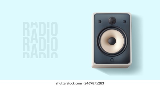 Music sound speaker box 3d for audio stereo system. Realistic radio round woofer loud amplifier, acoustic concert voice tune device. Voice podcast broadcasting, studio waves render, karaoke station.