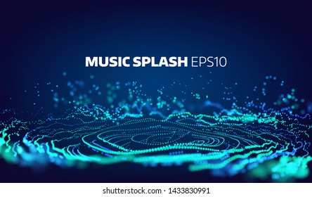 Music and sound splash with ripples. Particles glitch equalizer information
