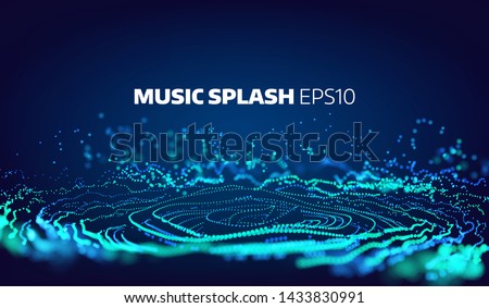 Music and sound splash with ripples. Particles glitch equalizer information