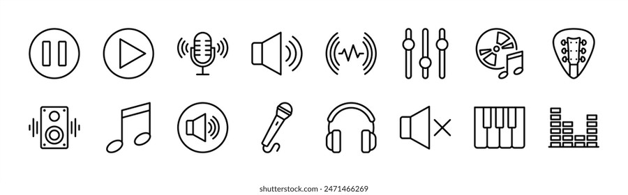 Music and sound thin line icon set. Containing play and pause button, microphone, speaker, equalizer, recording disk, guitar chord, loudspeaker, notes, headphone, mute, piano. Vector illustration