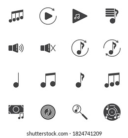 Music and sound vector icons set, modern solid symbol collection, filled style pictogram pack. Signs, logo illustration. Set includes icons as musical note, music play, speaker mute, compact disc