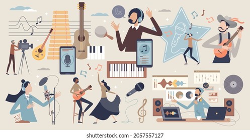 Music or sound volume elements with artist and performers tiny person collection set. Isolated items with notes, musical instruments, song software applications and karaoke theme vector illustration.