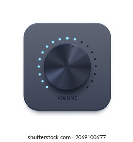 Music Sound Volume Knob Button Vector Icon. Metal Audio Control Dial Switch With Blue Light Power Level Scale. Mobile Or Web App Interface, Ui Or Gui Isolated 3d Button With Analog Rotary Knob