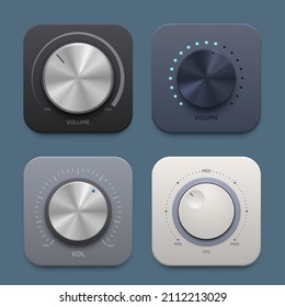 Music And Sound Volume Knob Button Icons. Metallic Round Tuner, Audio Stereo System Vector 3d Isolated Knob Button For Mobile Application, Website Ui Graphic. Min Or Max Sound Level, Audio Player App