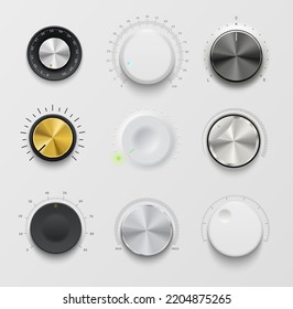 Music and sound volume knob button. 3d vector round metallic tuners, audio stereo sound system element for mobile application, website ui graphic. Min or max level audio player app knob button