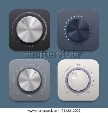 Music and sound volume knob button icons. Metallic round tuner, audio stereo system vector 3d isolated knob button for mobile application, website ui graphic. Min or max sound level, audio player app