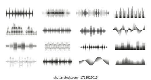 Music sound waves big monochrome set. Console panel. Music audio collection. Electronic radio signal. Equalizer. Vector illustration.