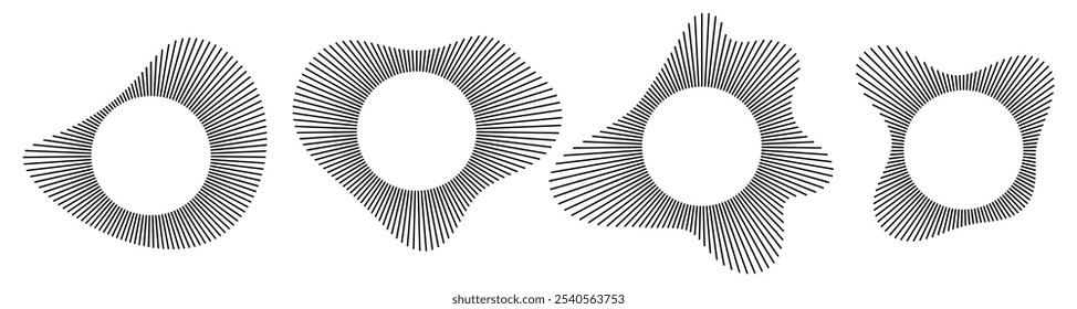 Ondas sonoras de música y círculos establecidos. Conjunto de diseño de iconos de Vector de ecualizadores. Símbolo musical. Líneas de espectro radial de audio circular