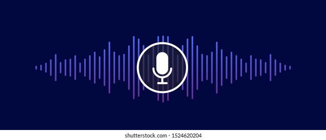 Music sound waves with microphone sign. Sound wave equalizer. Live waves with mic icon for web and app. Vector illustration of a floating sound wave with a microphone icon isolated on dark background