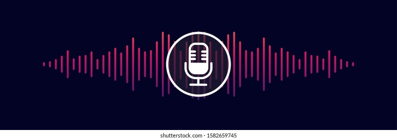 Music sound waves with microphone sign. Sound wave equalizer. Live waves with mic icon for web and app. Vector illustration of a floating sound wave with a microphone icon isolated on dark background