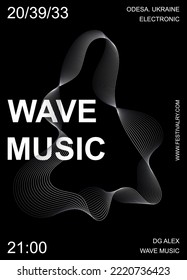 Music sound waves poster, trendy line pattern, modern electro vector black background. Gradient, print banner cover flyer, festival club. Minimalist abstract template design, amplitude creative mesh.