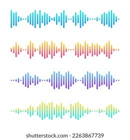 Olas de sonido musical. Conjunto de 4 ondas de audio coloridas con gradiente. Ilustración vectorial aislada sobre fondo blanco.