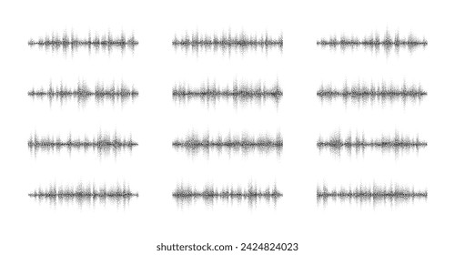 Music sound waves set. Audio technology, grain dotted musical pulse. Modern sound wave equalizer. Music track sound wave design. Audio frequency line, radio voice sound wave. Vector illustration