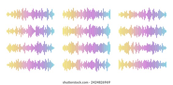 Music sound waves set. Audio technology, gradient musical pulse. Modern sound wave equalizer. Music track sound wave design. Audio frequency line, radio voice sound wave. Vector illustration