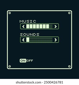 Music, sounds, game boy interface, pixel art design, off, on, retro 80s console gaming app, video game, flat style, old school computer graphic design, 8-bit sprite, game assets, vector illustration.