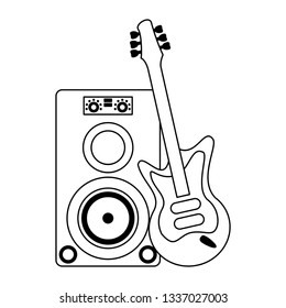 Music speaker and electric guitar in black and white