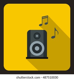 Music speaker and notes icon in flat style on a yellow background vector illustration