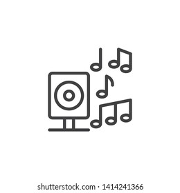 Music speaker and notes line icon. linear style sign for mobile concept and web design. Audio speaker with music notes outline vector icon. Party symbol, logo illustration. Vector graphics