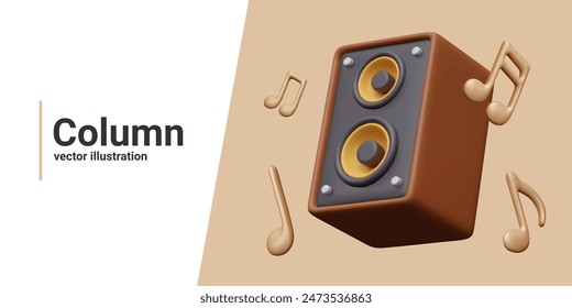 Music speaker, notes on colored background. Advertising of acoustic equipment