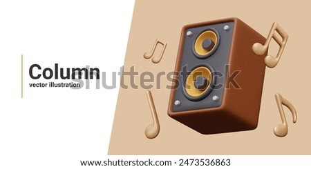Music speaker, notes on colored background. Advertising of acoustic equipment