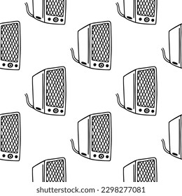Music speaker seamless vector pattern. Retro device for disco, cinema. Vintage sound gadget with a wire. Hand drawn illustration, simple doodle. Black and white background for packaging, print, web