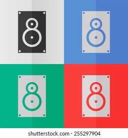 music speaker vector icon. Effect of folded paper. Colored (red, blue, green) illustrations. Flat design