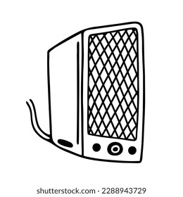 Music speaker vector icon. Retro device for disco, cinema, dancing. Sound gadget with a wire. Hand drawn illustration isolated on white. Simple doodle, sketch. Cartoon clipart for logo, web, apps