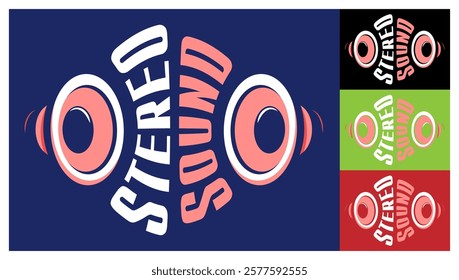 Music speakers compress inscription STEREO SOUND on both sides with bass and high frequencies. Emblem of recording studio, professional audio equipment store. Vector print for t shirt