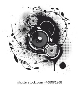 Music Speakers with notes on grunge background