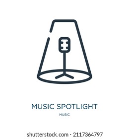 music spotlight thin line icon. music, spotlight linear icons from music concept isolated outline sign. Vector illustration symbol element for web design and apps.
