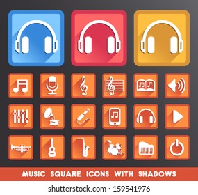 Music Square Icons with Shadows.