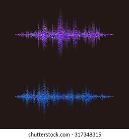 Music square waveform background. Blue and purple halftone vector sound waves. You can use in night club, radio, pub, party, DJ, concerts, recitals or the audio technology advertising background. 