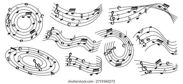Kompositionen der Musiker mit Notenklöppeln und fließenden Linien. Künstlerische schwarze Notierungselemente für Ton- und Melodiethemen