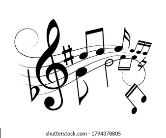 Music staff and notes, vector cartoon on white background