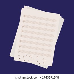 Musikpersonal. Seite mit handgeschriebenen musikalischen Noten und Dreifach-Klappe. Studie über das Thema solfeggio. Für die Gestaltung von Theaterposter, Konzert, Tickets, Webseiten. Vektorgrafik. Blauer Hintergrund.