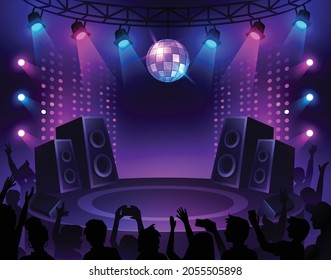 Music stage background. Show performance begin with lighting and audience. Concert illuminated by spotlights vector illustration