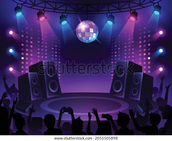 Music stage background. Show performance\
begin with lighting and audience. Concert illuminated by spotlights\
vector illustration