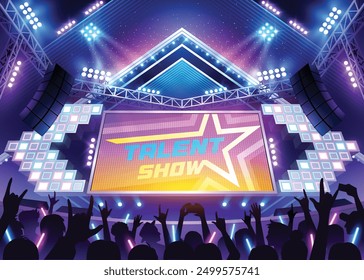 Music stage. Dance floor. talent show performance begin with lighting and amplifier. Led screen concert illuminated by spotlights