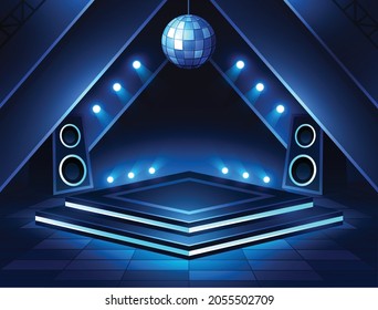 Music Stage Game Screen. Show Performance Begins With Lighting And Disco Ball