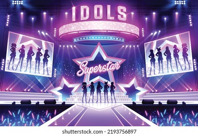 Music stage game screen. Show performance begin with lighting and audience. Concert illuminated by spotlights. Female idol dancing on the dance floor. Superstar posing - Shutterstock ID 2193756897