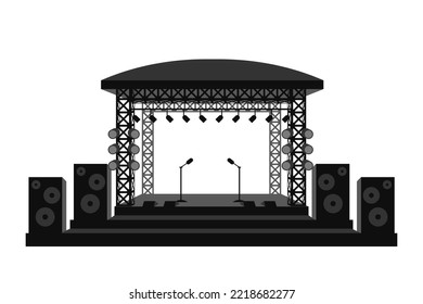 Music stage with speakers and microphones template. Prepared podium with black roof and spotlights for acoustic concert and vector performances