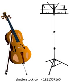 Music Stand With Cello Isolated White Background. Vector, Realism