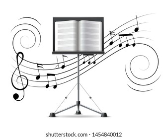 Music stand with musicbook on background of music notes, treble clef, music staff in swirl motion flow. Vector musical design decoration element. Classic music notation flowing.