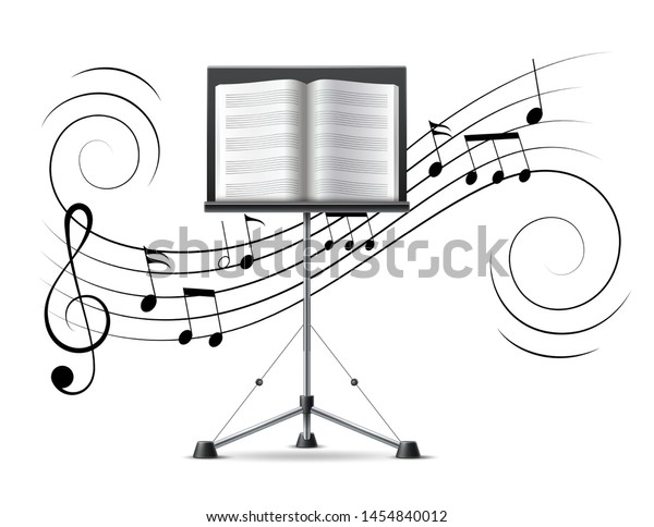 Music stand with\
musicbook on background of music notes, treble clef, music staff in\
swirl motion flow. Vector musical design decoration element.\
Classic music notation\
flowing.