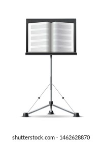 Music stand with musicbook . Vector musical design decoration element. Classic music notation flowing.