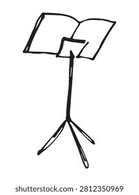 Music stand with open sheet music, black and white line art. Hand-drawn orchestra stand with book on tripod, bold sketch style, isolated on white.