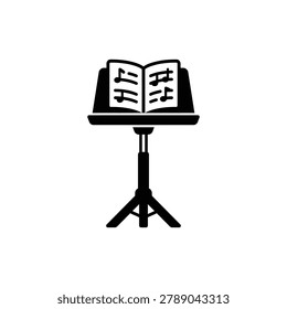 Music stand with sheet music, vector icon. Adjustable music stand holding sheet music representing orchestral performance setup, isolated on a clean background in flat vector icon style.