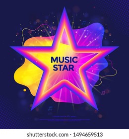 Music Star banner or party poster with colorful liquid form. Tv show label with gradient stars. Musical concert cover