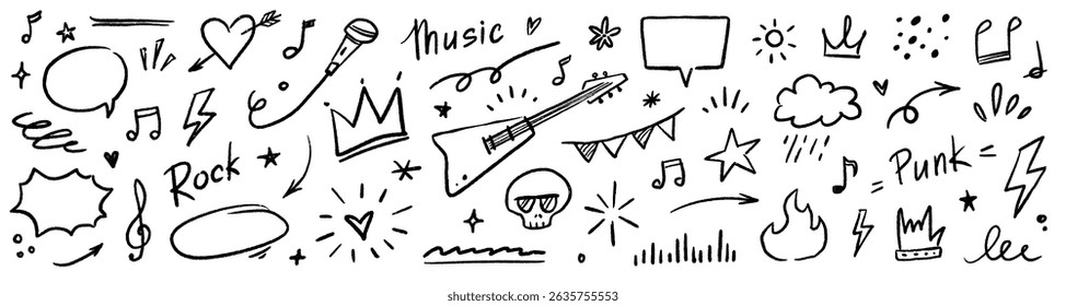Music star doodle icon punk rock set. Hand drawn music sketch guitar, microphone, skull. Fun graffiti star shape doodle arrow, crown, speech bubble grunge decoration elements. Vector illustration