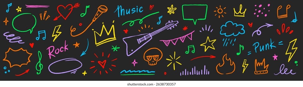 Music star doodle icon punk rock set. Hand drawn music sketch guitar, microphone, skull. Fun graffiti star shape doodle arrow, crown, speech bubble grunge decoration elements. Vector illustration